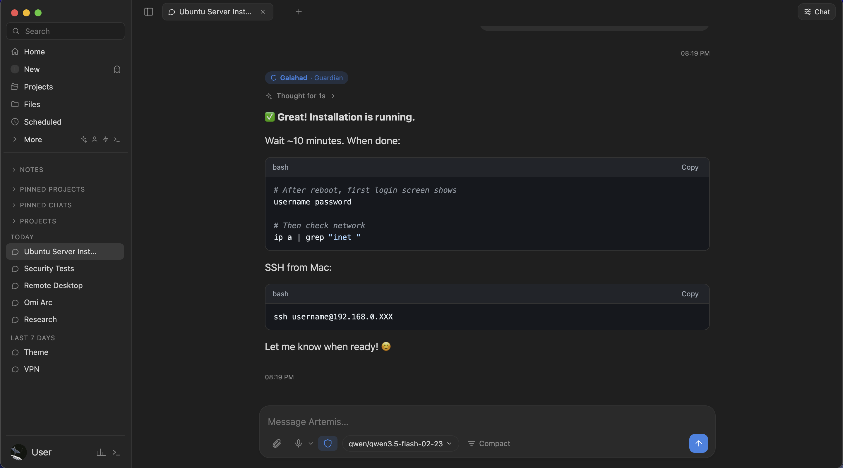Artemis main window with a chat, the sidebar and the side panel open